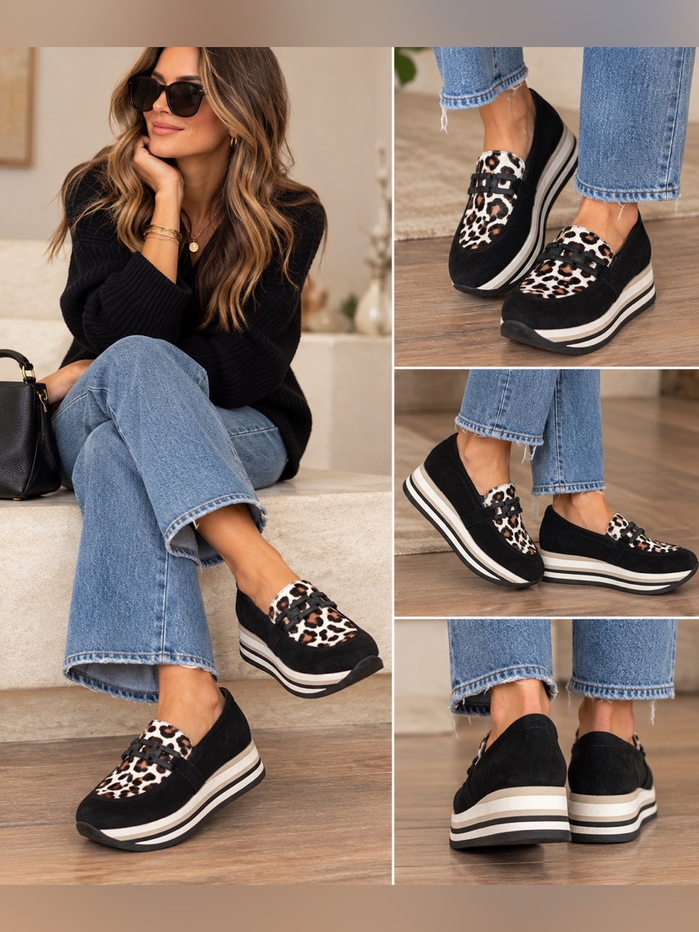 Softwaves Alina Black Jaguar Slip-On
Platform Shoes Women's Size 7.5